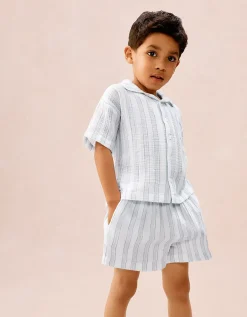 Organic Double Cotton Relaxed Fit Traditional Watercolour Stripe Shortie Pyjamas (2–12yrs)