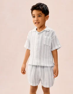 Organic Double Cotton Relaxed Fit Traditional Watercolour Stripe Shortie Pyjamas (2–12yrs)