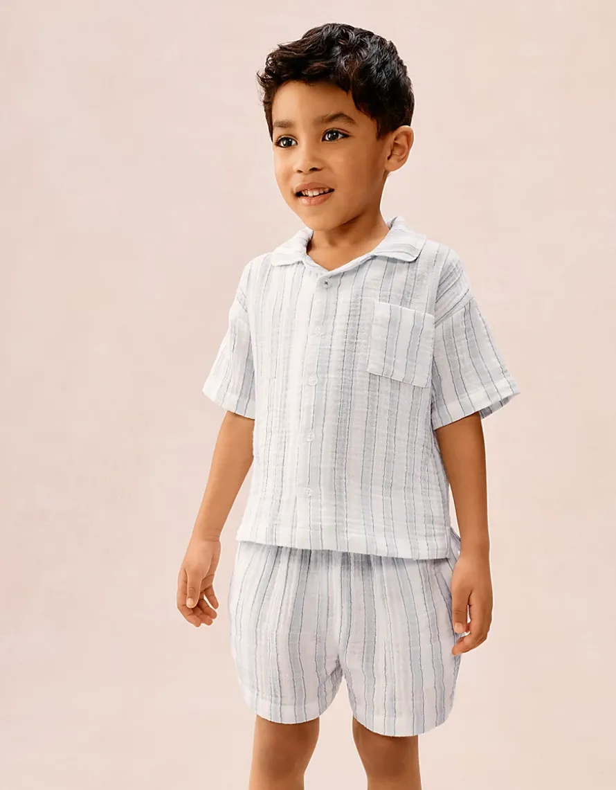Organic Double Cotton Relaxed Fit Traditional Watercolour Stripe Shortie Pyjamas (2–12yrs)