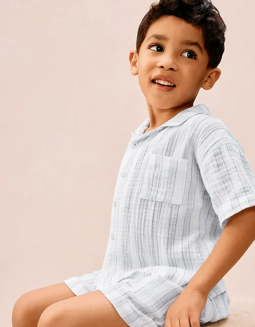 Organic Double Cotton Relaxed Fit Traditional Watercolour Stripe Shortie Pyjamas (2–12yrs)