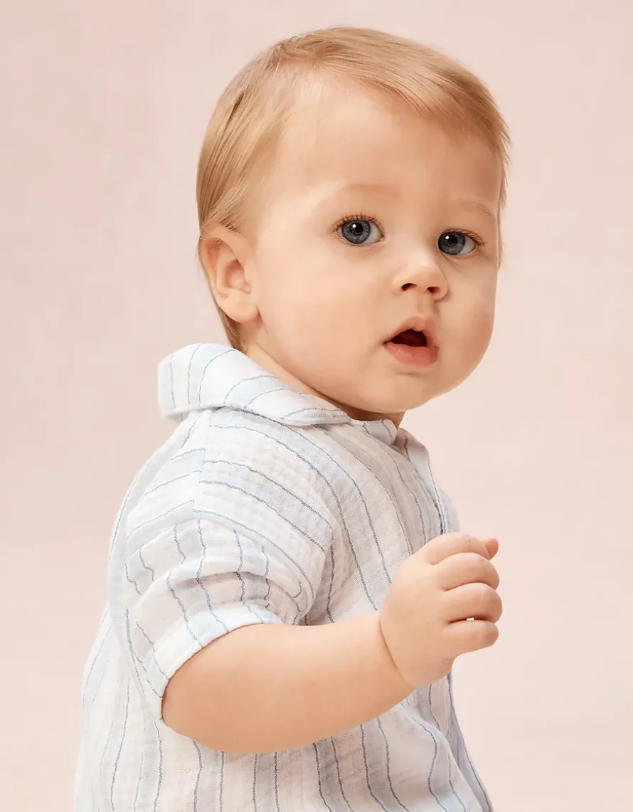 Organic Double Cotton Watercolour Stripe Classic Shortie Sleepsuit (0–2yrs)