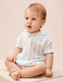 Organic Double Cotton Watercolour Stripe Classic Shortie Sleepsuit (0–2yrs)