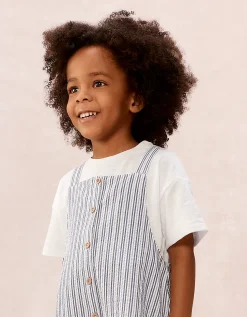 Organic Stripe Seersucker Dungarees & T-Shirt Set (0–4yrs)