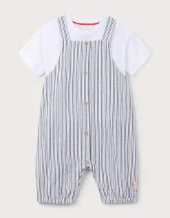 Organic Stripe Seersucker Dungarees & T-Shirt Set (0–4yrs)