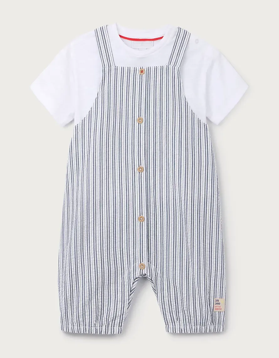 Organic Stripe Seersucker Dungarees & T-Shirt Set (0–4yrs)
