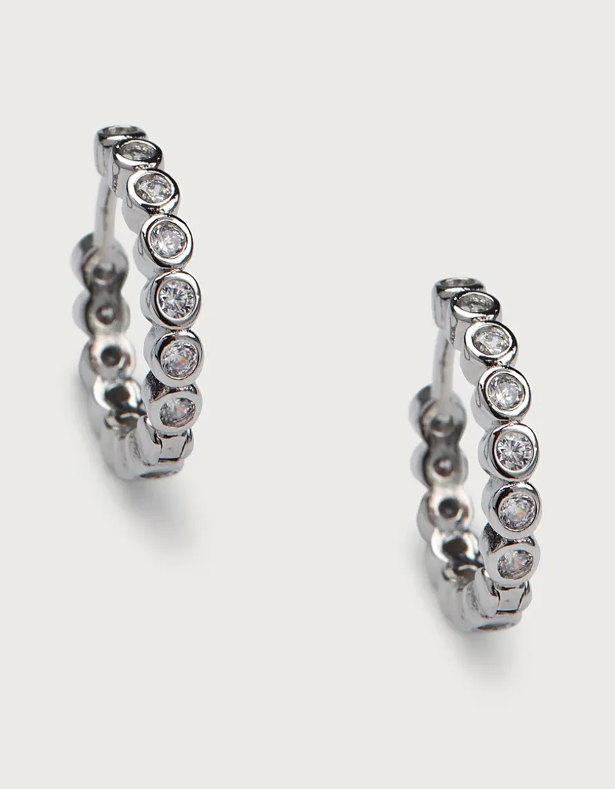 Platinum Plated Set Stone Huggie Earrings