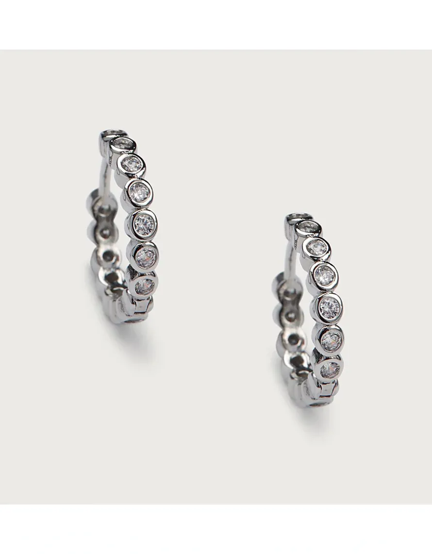 Platinum Plated Set Stone Huggie Earrings