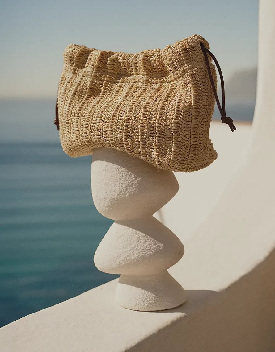 Raffia Crossbody Drawstring Bag