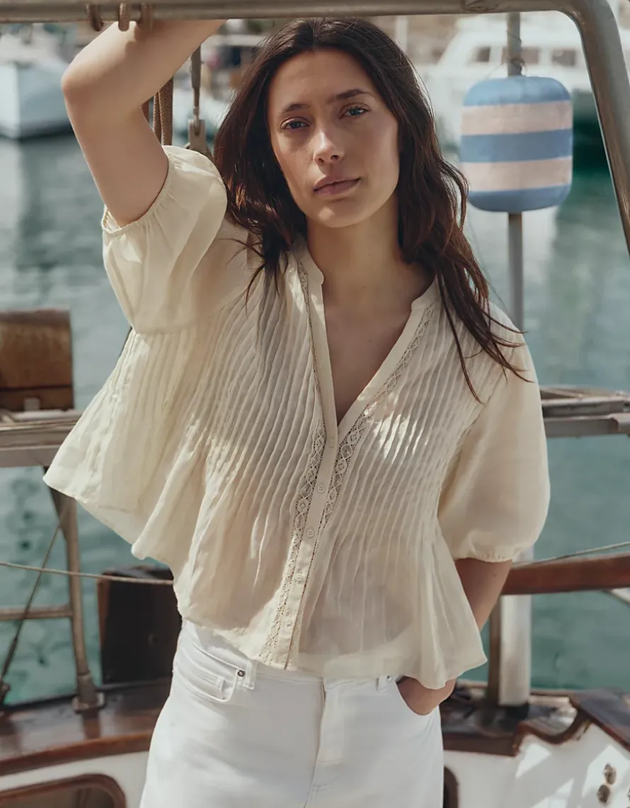 Ramie Pintuck Detail Boho Blouse