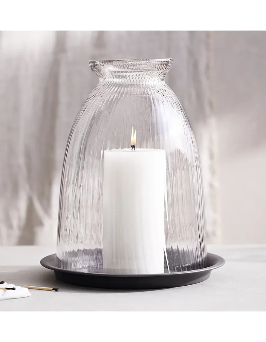 Ribbed Domed Glass Candle Holder with Tray – Large