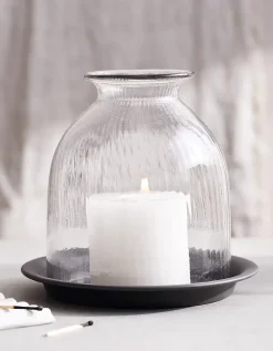 Ribbed Glass Dome Candle Holder with Tray – Medium