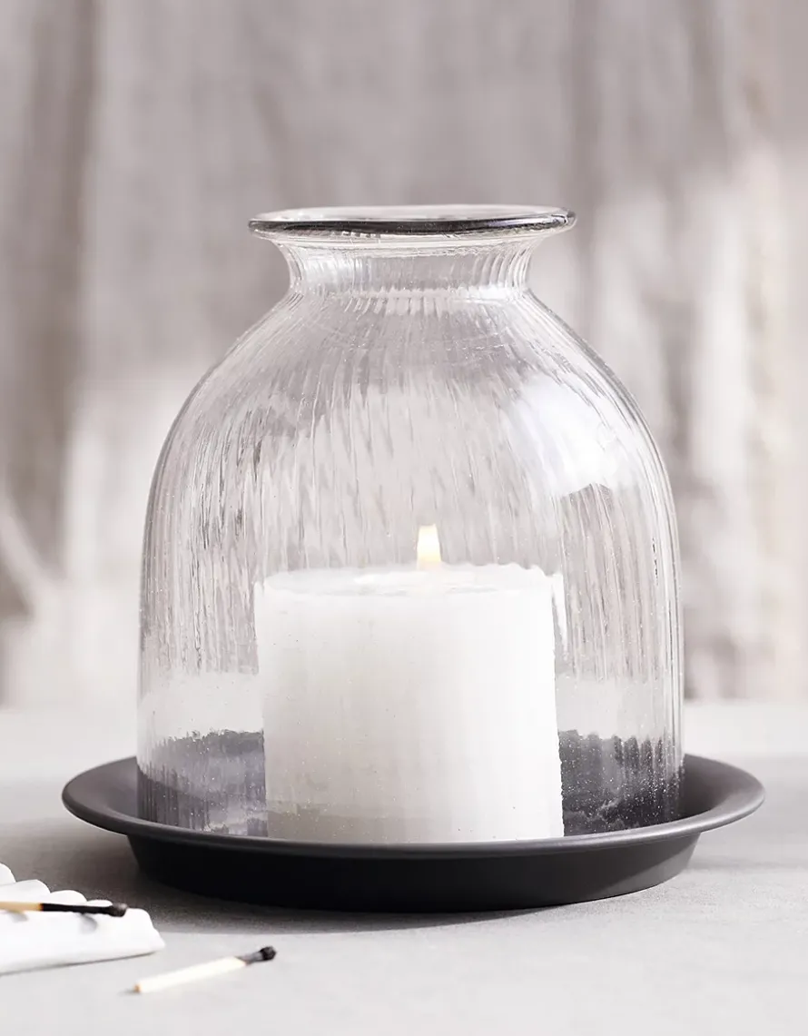 Ribbed Glass Dome Candle Holder with Tray – Medium