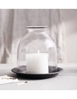 Ribbed Glass Dome Candle Holder with Tray – Medium