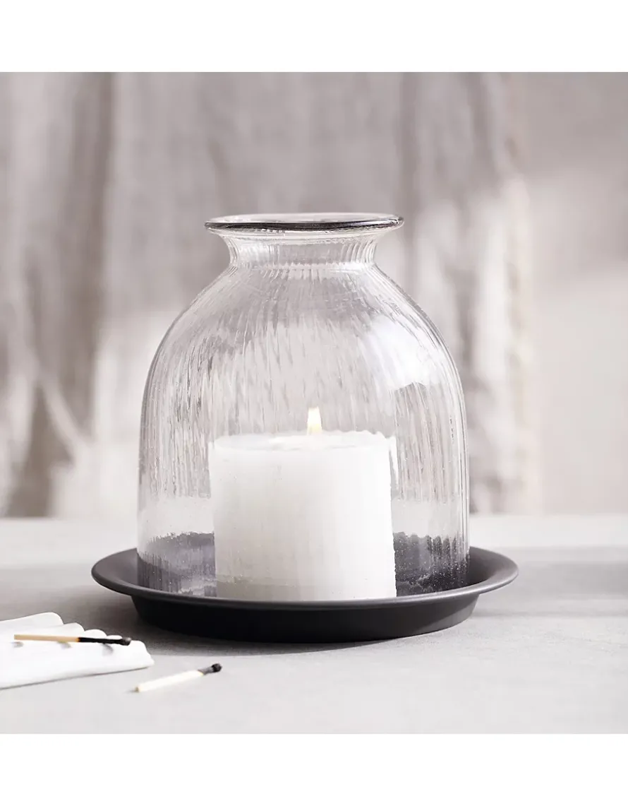 Ribbed Glass Dome Candle Holder with Tray – Medium