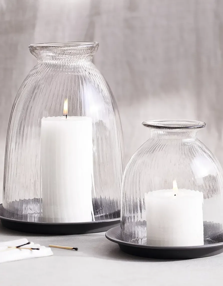 Ribbed Glass Dome Candle Holder with Tray – Medium