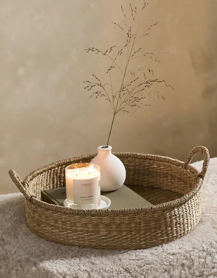 Round Seagrass Tray with Glass Base