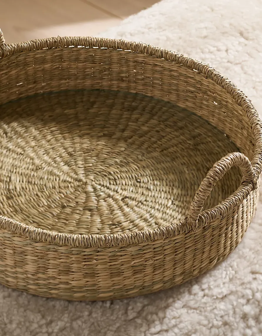 Round Seagrass Tray with Glass Base