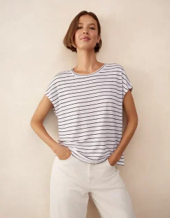 Stripe Button Back Jersey Linen Top