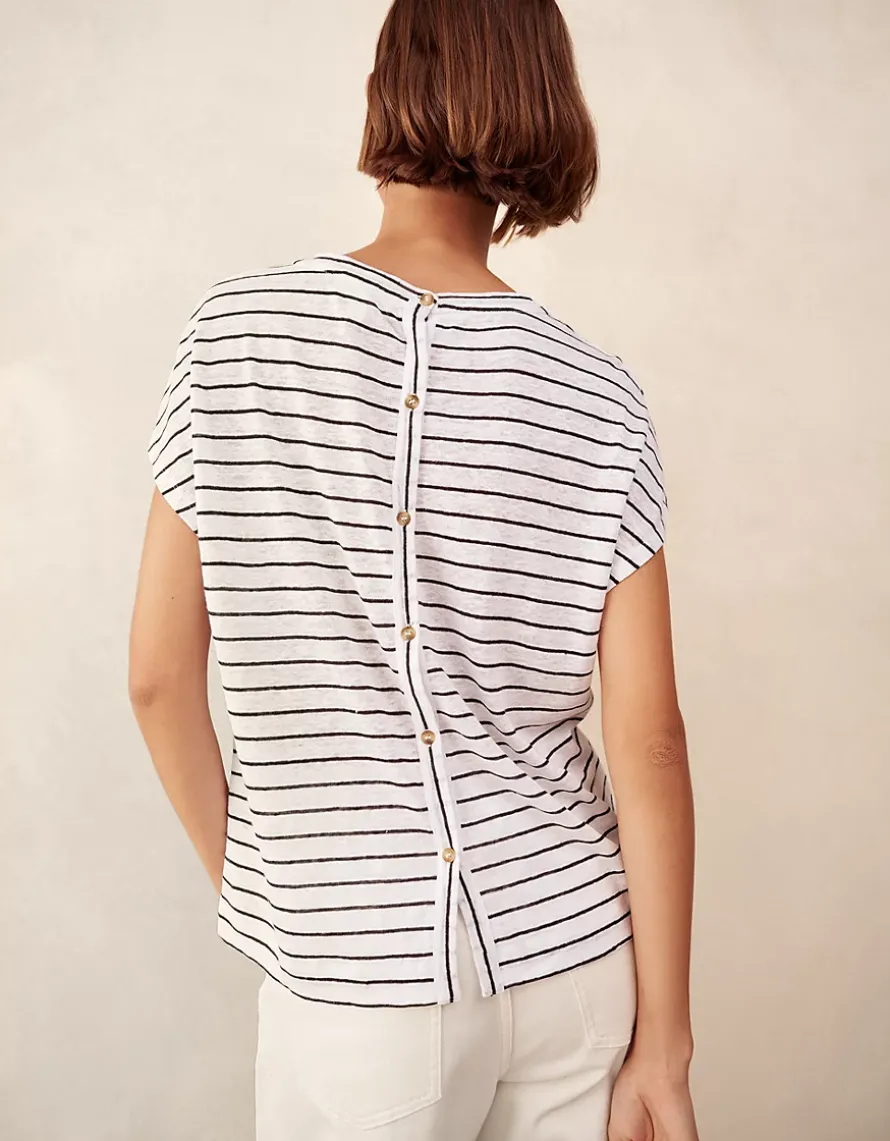 Stripe Button Back Jersey Linen Top