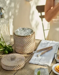 Whitewashed Rattan Ice Bucket – with Tongs