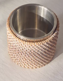 Whitewashed Rattan Ice Bucket – with Tongs