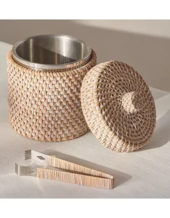Whitewashed Rattan Ice Bucket – with Tongs