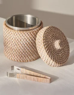 Whitewashed Rattan Ice Bucket – with Tongs