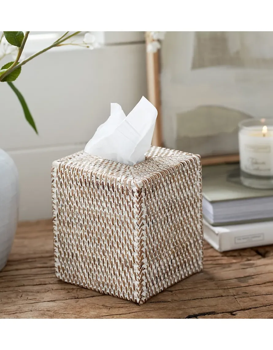 Whitewashed Rattan Tissue Box Cover
