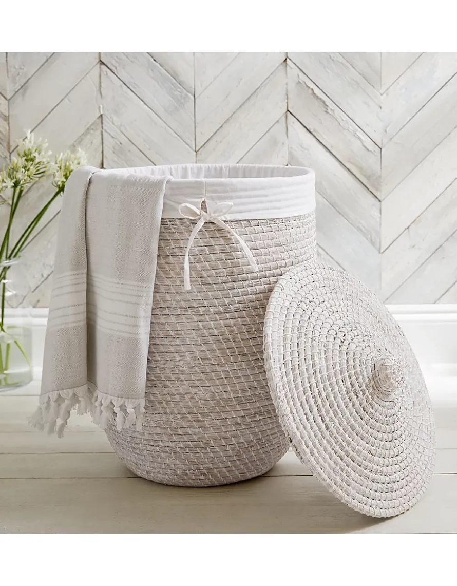 Whitewashed Seagrass Laundry Basket – with Liner